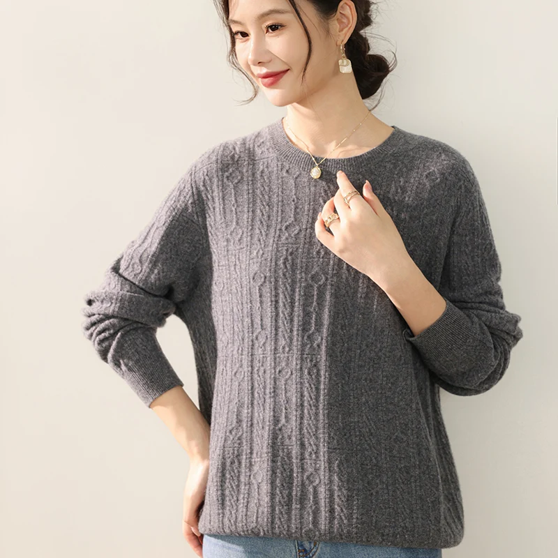 

New 100% Pure Wool Sweater Women's Round Neck Pullover Loose Large Size Fashion Cashmere Sweater 2025 Autumn/Winter Knitted Tops