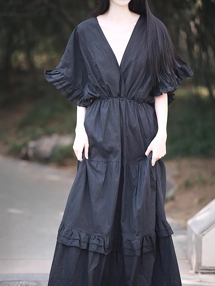 Tiyihailey verão com decote em v vestidos de algodão feminino manga curta alargamento branco longo maxi roupas femininas moda 2025 preto dupla camada