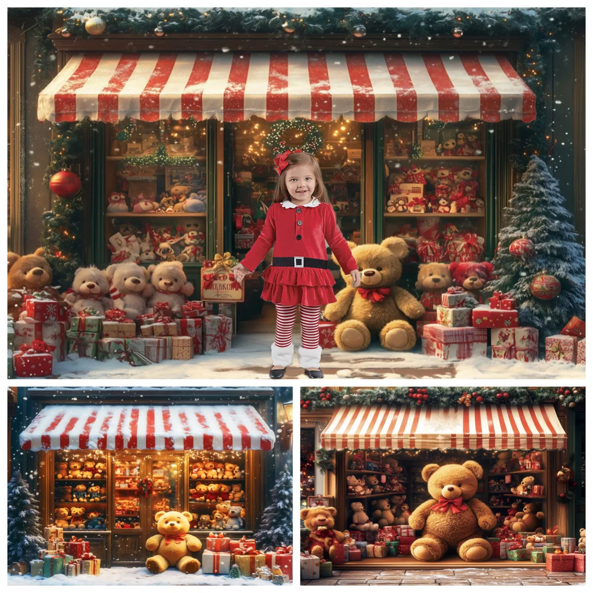 

Фон для фотосъемки: Рождественский магазин игрушек, зимний пейзаж, плюшевые мишки, подарочные коробки, детский день рождения, праздничный портретный декор, фотофон