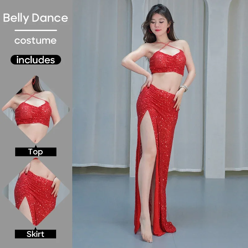 Ensemble de costumes de danse du ventre pour femmes, haut et jupe d'été, débardeur à paillettes pour adultes, vêtements d'entraînement sur scène