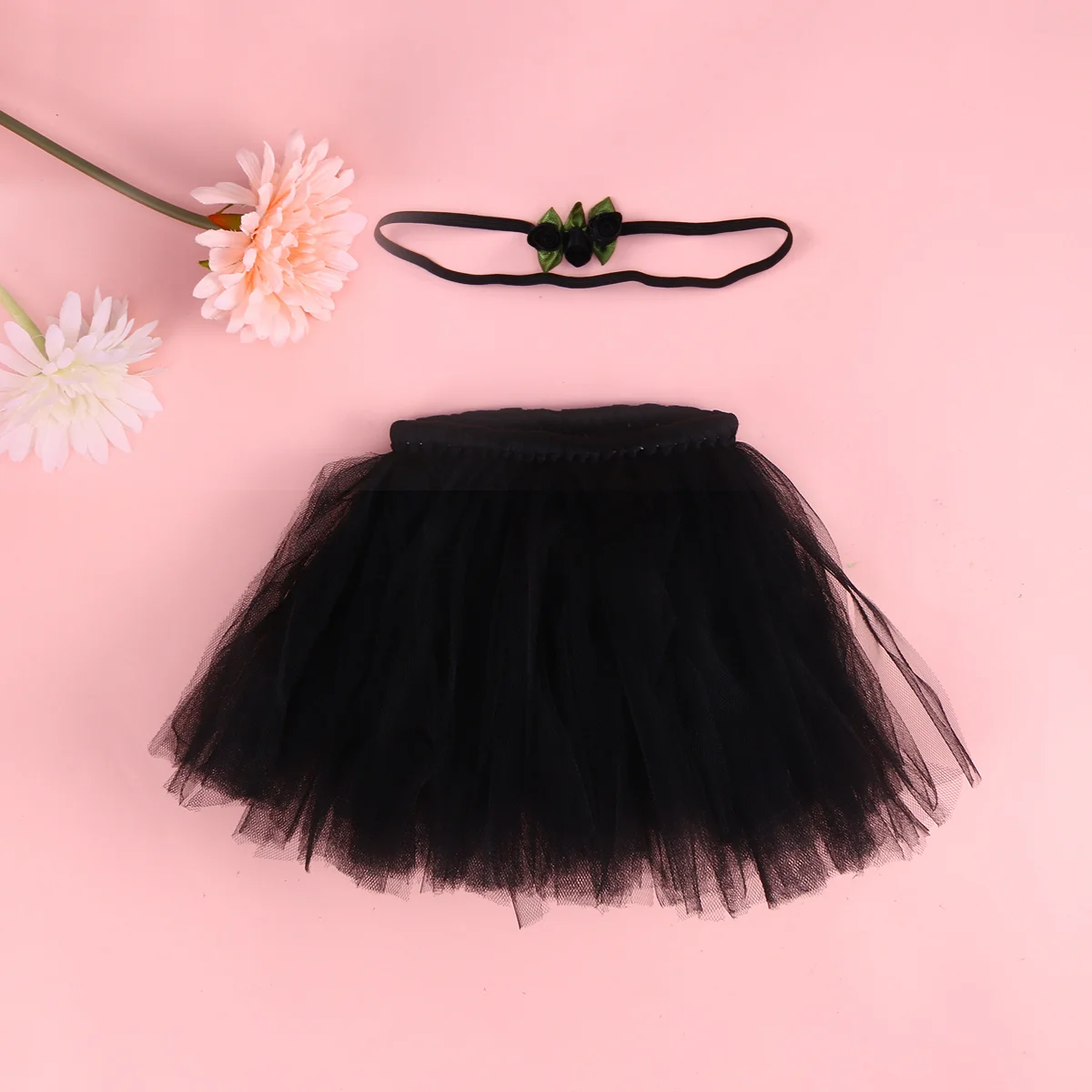 

Elastic Waistband Grey Tutu Skirt for Toddlers Soft Lightweight Polyester with Flower Headband Photo Dress Tutu Skirt