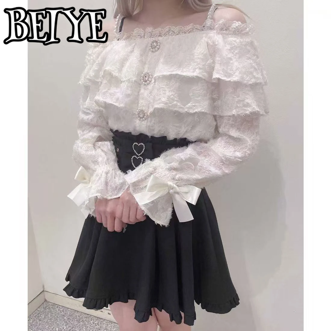 

Shirt Rojita Women Japanese Sexy Off-Shoulder Pearl Strap Long Sleeve Shirts Slim Fit Off-Shoulder Blouse Top New Autumn Blouses