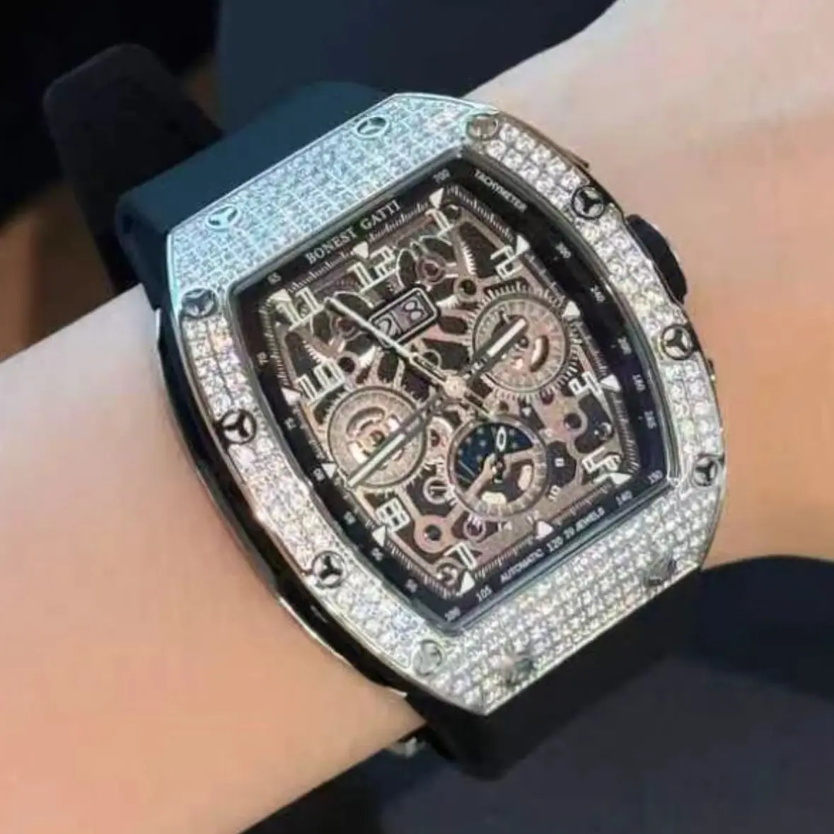 BONEST GATTI Men Automatic Watch Tonneau Mechanical Wristwatch Sapphire Luminous Multi-Dial Month Week Date Fluororubber Strap