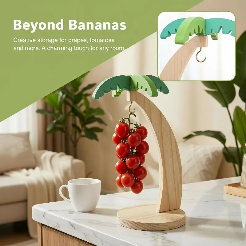 Wooden Banana Rack Hanging Kitchen Rack Simulated Leaf Decorative Fruit Vertical Storage Rack With Hook Kitchen Decoration