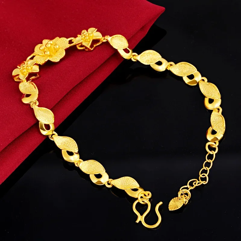 Luxury Solid 18K Pure Gold Color Bracelets for Women Gold Flowers Bracelets Hand Chain Birthday Bride Wedding Fine Jewelry Gifts