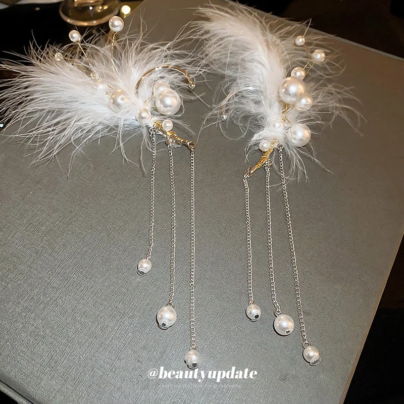 New Korean Niche Design Silver Color Metal Pearl Tassel Irregular Chain Clip Earrings for Women Non Pierced Ear Cuff 2025