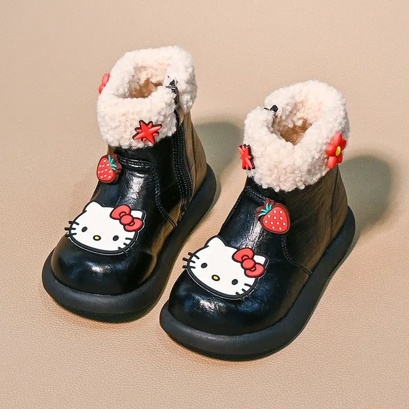 

Hello Kitty с подвеской Kawaii Sanrio Ins, модные повседневные ботинки, детская кожаная флисовая обувь принцессы с милым котом Kt, подарки