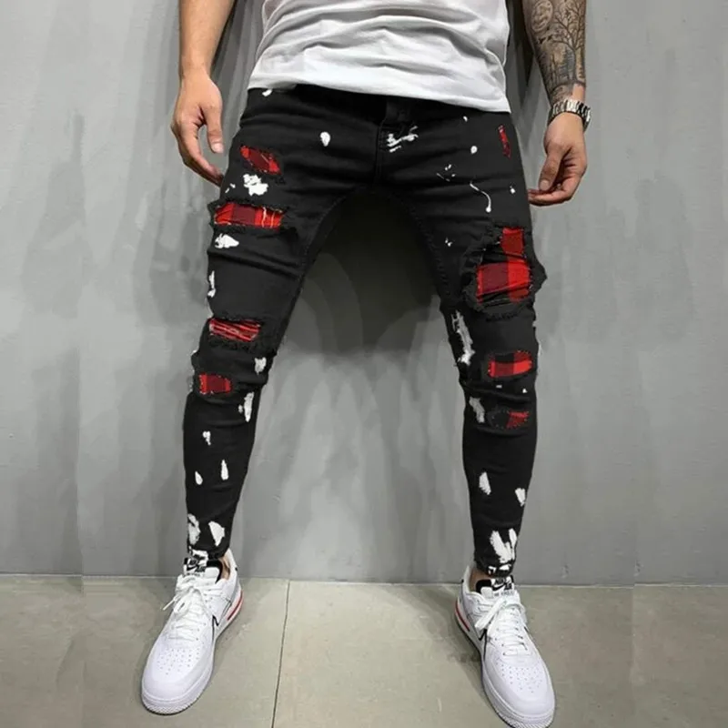 Fashion Mens Slim Jeans Stretch Skinny Patchwork Color Black Ripped Jean Men Streetwear Y2K Denim Punk Pants Pantalones Hombre