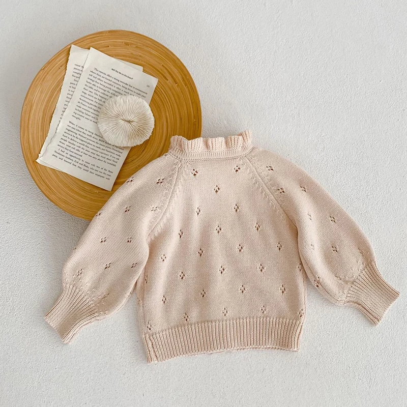 Autumn New 0-2 Year Old Baby Coat for Girls Sweet and Versatile Lace Cardigan with Hollow Wooden Ear Collar and Lace Knitted Coa