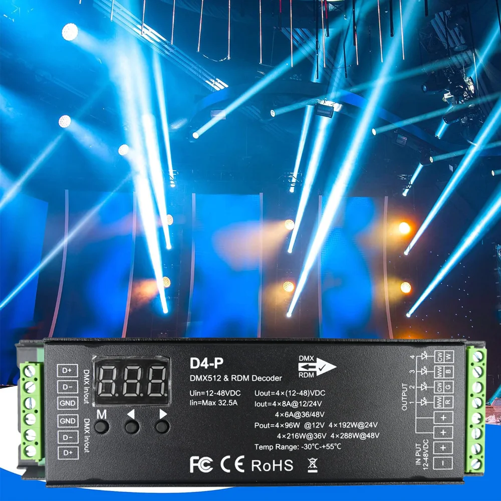 Decoder DMX a 4 canali con Display digitale RDM DMX512 Dimmer Driver PWM RGBW Controller LED per ingresso striscia luminosa RGBW 12V-48VDC