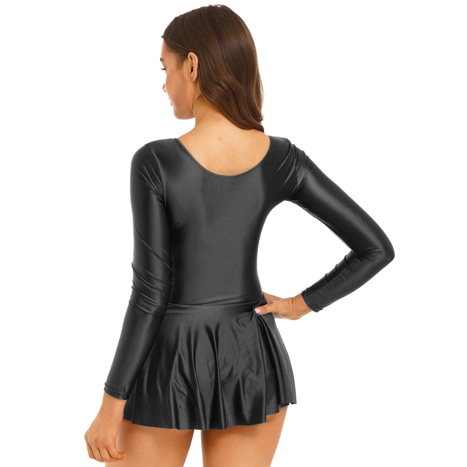 Vestido brillante de manga larga con volantes para mujer, traje de baño de Color sólido, leotardo para deportes, gimnasia, entrenamiento, Ballet, baile, natación