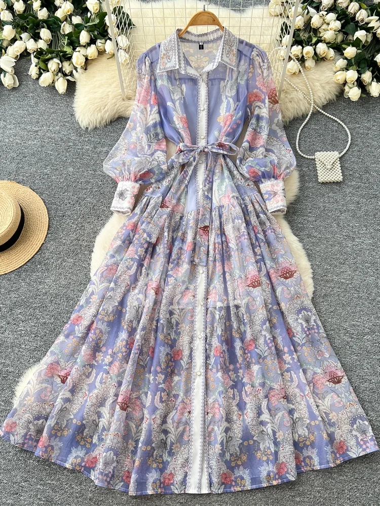 

Элегантное женское платье с цветочным принтом и длинными рукавами в корейском стиле, А-силуэт, макси-юбка, для летнего отдыха, из полиэфирного волокна