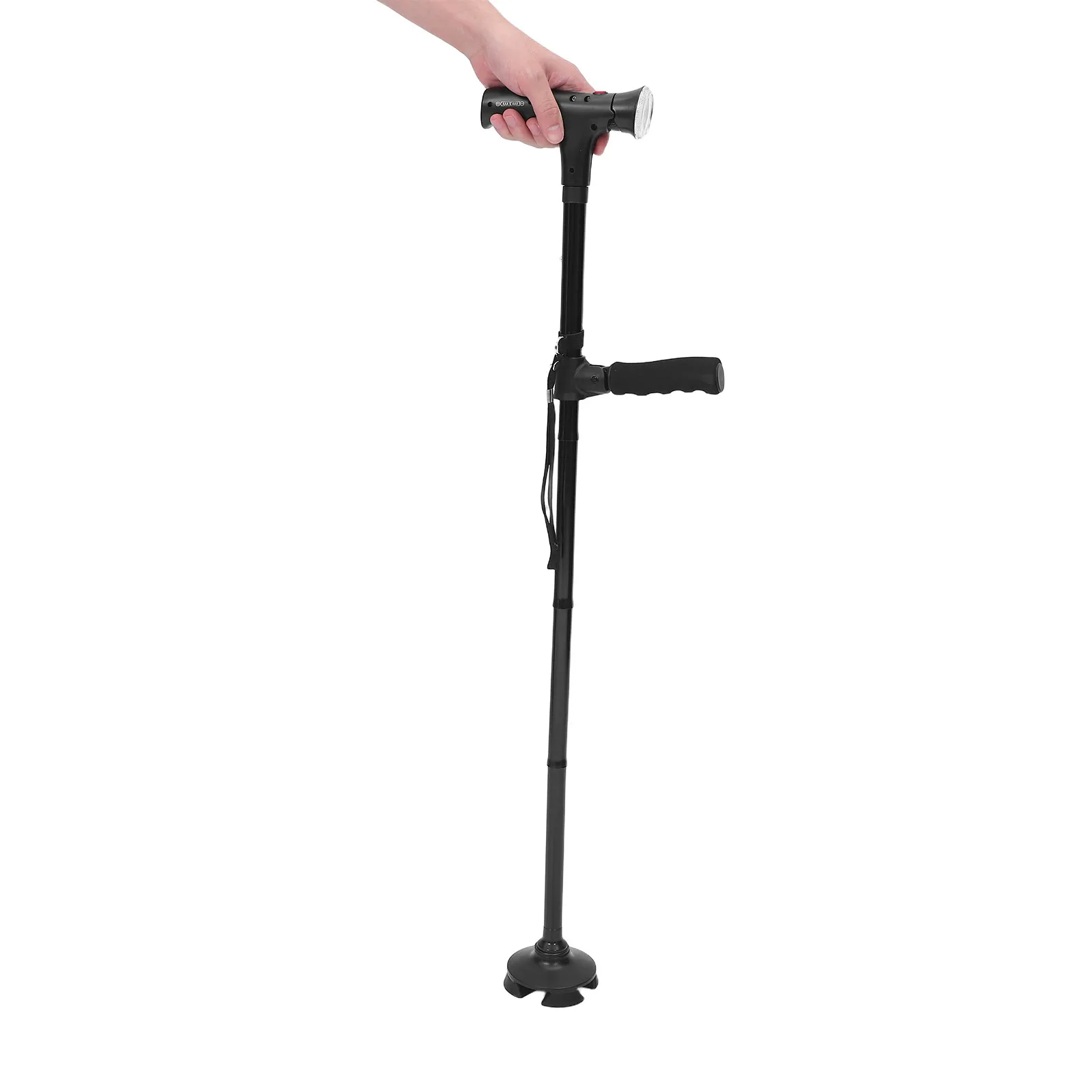 Telescopic Collapsible LED Cane 5-Level Adjustable Height Alarm Button Anti-Skid 4-Foot Base Walking Stick for Elderly Travel