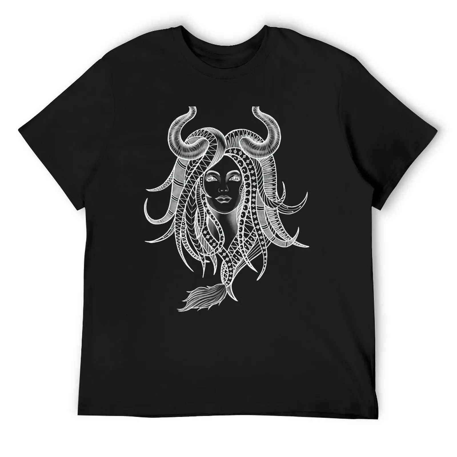 Confident Taurus Woman with Horns and Geometrical Tattoo Design T-Shirt sweat new edition mens t shirt