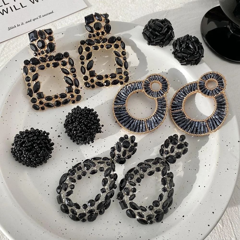 Lifefontier Vintage Black Full Rhinestone Geometric Drop Earrings For Women Exaggeration Square Heart Charms Earring Jewelry