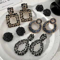 Lifefontier Vintage Black Full Rhinestone Geometric Drop Earrings For Women Exaggeration Square Heart Charms Earring Jewelry
