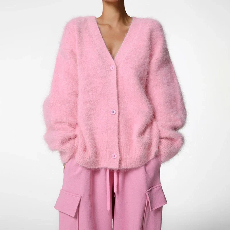 

Imitation Mink Hair Knitted Cardigan Women V Neck Loose Long Sleeve Casual Sweater Lady Autumn Winter New Cardigans