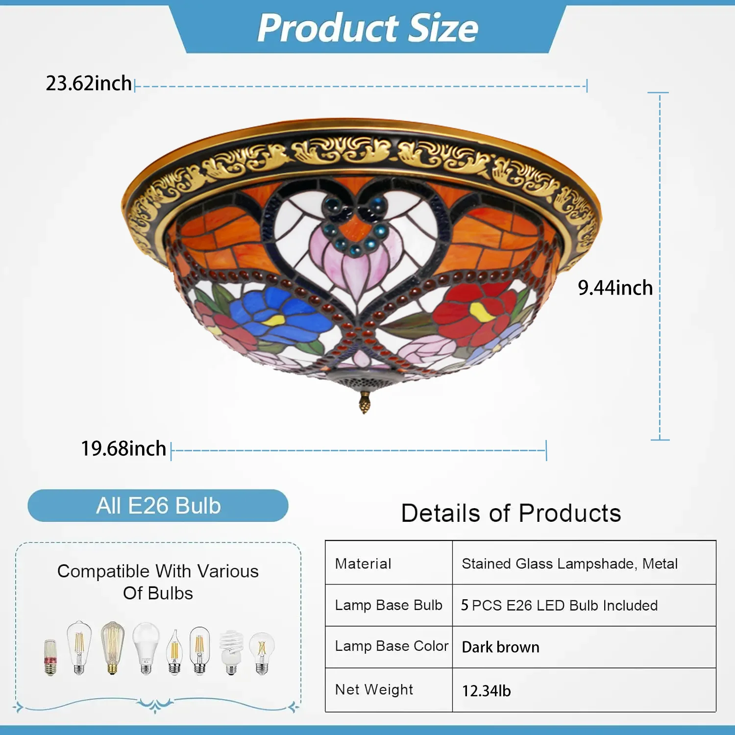 #@American Countryside Modern Creative Bar Counter Corridor Colored Glass Ceiling Light Tiffany Style LED Bedroom Study AC Power view 6