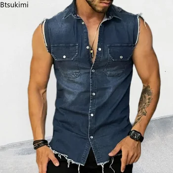 Yeni 2025 erkek Yaz Kot Yelek T Shirt Yaka Cep Kolsuz Tank Top Hip Hop Jean Ceket Yelek Ceket Kas Erkek Üstleri