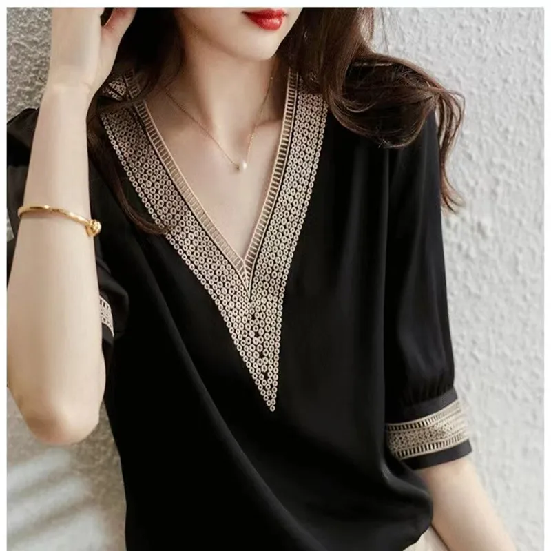 new summer 2022 black Chiffon Shirt V-neck short-sleeve embroidered silk shirt for women