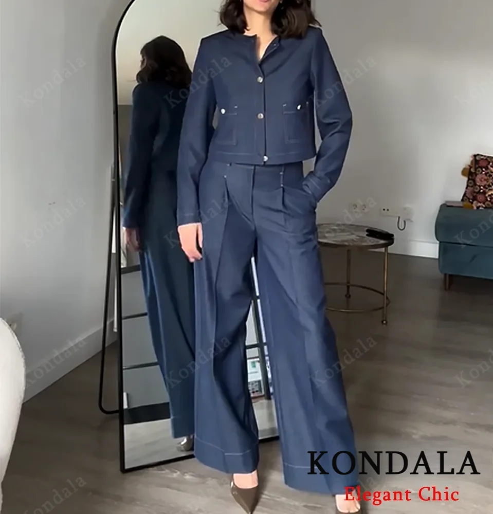 

KONDALA Women Elegant Retro Blazer Pant Set O-neck Button Pockets Jacket Wide Leg Pant New 2025 Spring Fall High-street Date Set