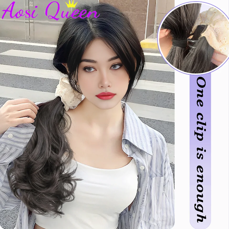 AOSI Synthetic Ponytail Wig For Women New Chinese Style Bow Half-tied Low Ponytail Side Pear Curl Claw Clip Ponytail