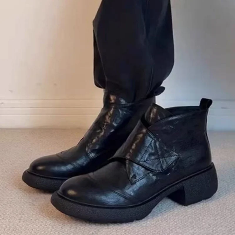 

Retro Velcro Ankle Boots Autumn Winter Round Toe Chunky Heel Women Shoes Casual Short Boots Zapatos