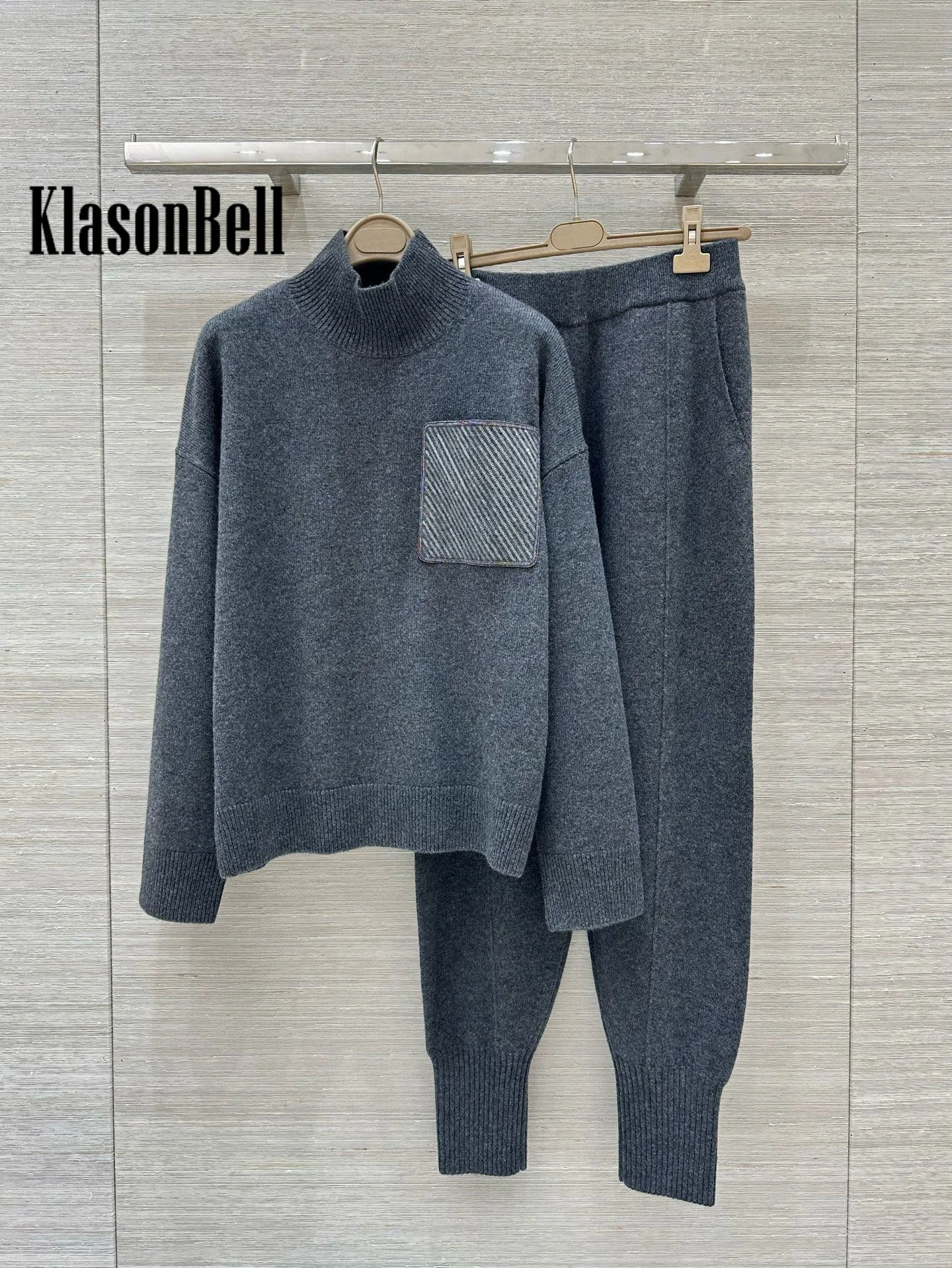 8.22 KlasonBell Women Sequins Bead Chain Pocket Turtleneck Knit Sweater + Elastic Waist Pants Cashmere Knit 2 Piece Casual Set