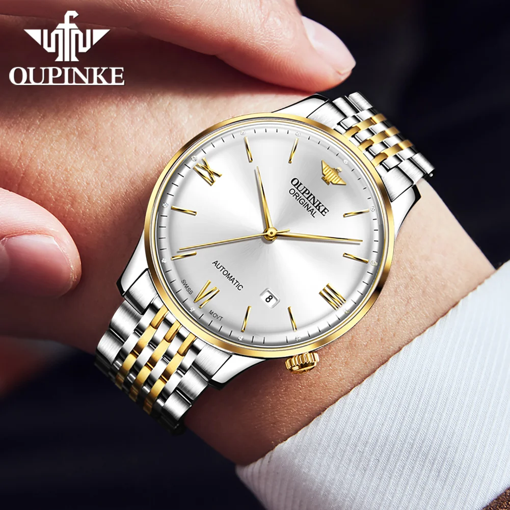 OUPINKE Ultra Thin Automatic Mechanical Watch for Men Original Swiss Movement Luxury Sapphire Mirror Waterproof Man Wristwatches