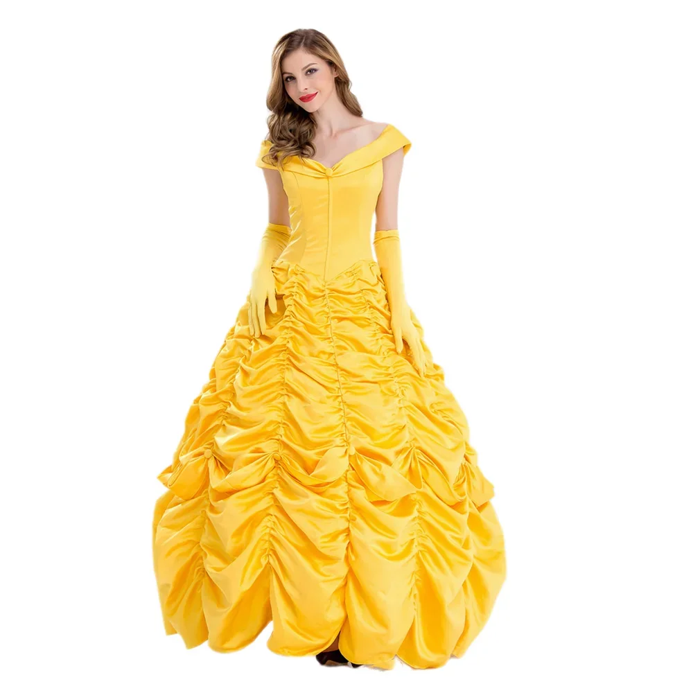 Womens Princess Ball Gown Dress Belle Beauty And The Beast Yellow Costume Halloween Masquerade Carnival Party Performance Dress