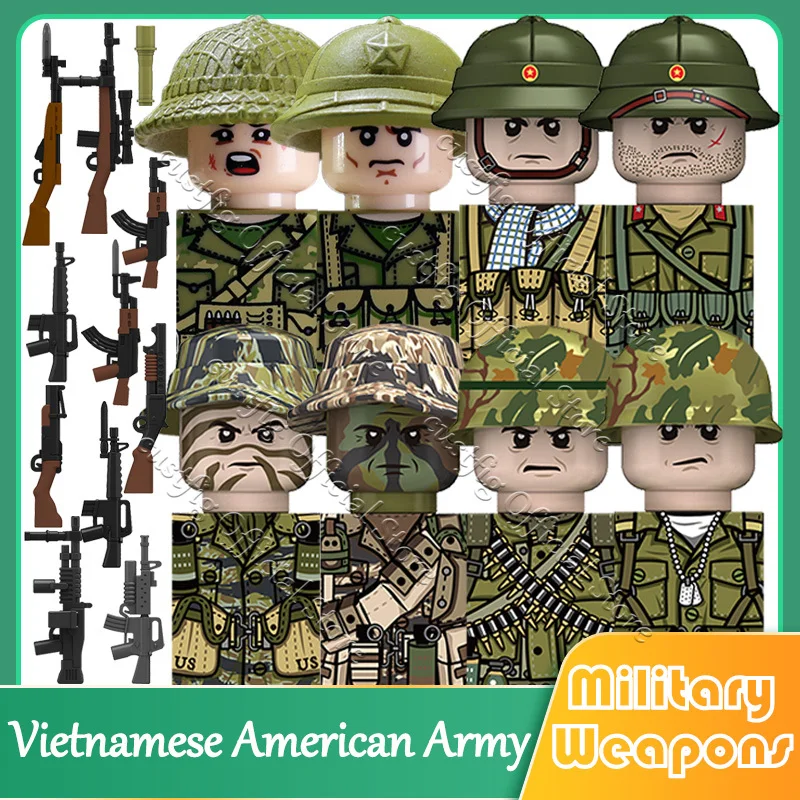 Kids Toy WW2 Military Army Vietnam Infantry US Soldier Figures Building Block Rifle Machine Gun Helmet DIY Accessory Bricks Gift