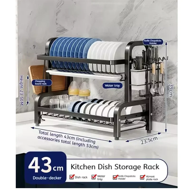 

Kitchen Countertop Storage Rack 2-Tier Multi-functional Shelf Drain Rack Dish Bowl Chopsticks Knife Bowl Cabinet