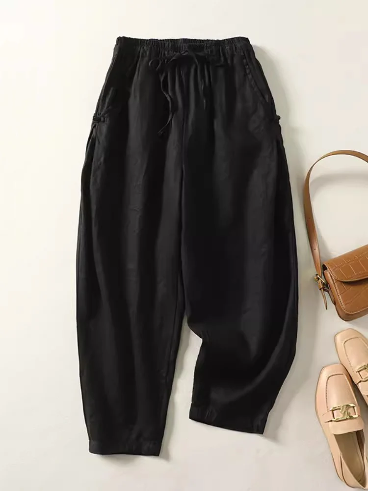 Retro Cotton Blend Women Harem Pants 2024 New Summer Buttons Carrot Pants Casual Loose Bloomers Literary Vintage Female Trousers