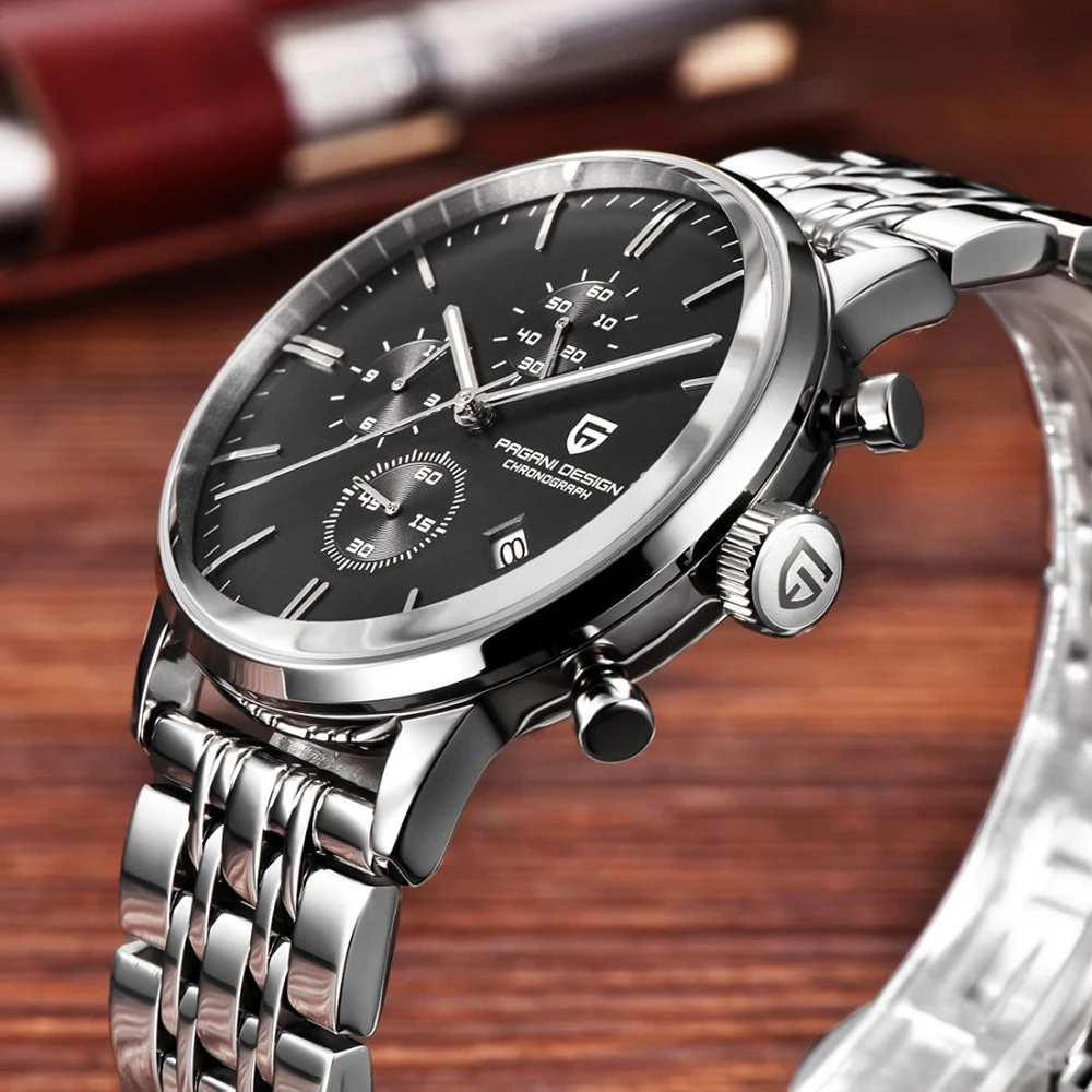 PAGANI DESIGN موضة رجال الأعمال الفولاذ المقاوم للصدأ ساعة كوارتز مقاوم للماء متعددة الوظائف ليلة ضوء ساعة Reloj + صندوق هدية