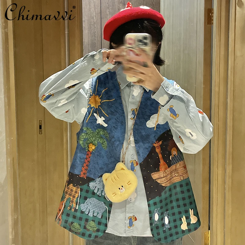 2024 New Japanese Autumn Cartoon Illustration Style Literary and Creative Top Vest For Women