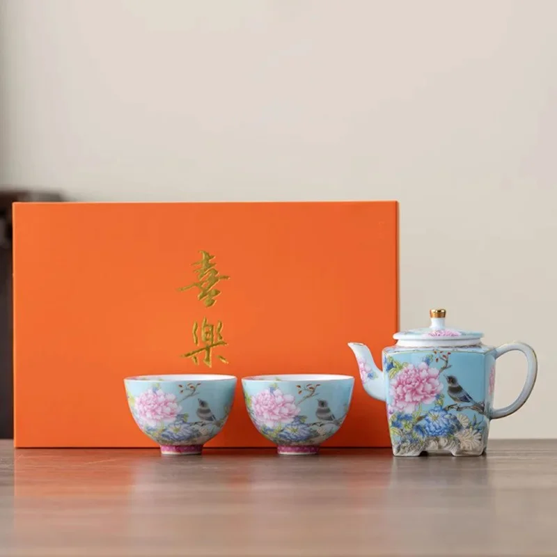 Tea Ceremony Tools Enamel Colorful Birds and Flowers One Pot Two Cups Kung Fu Tea Set Ceramic Gift Square Teapot Teacup Gift Set