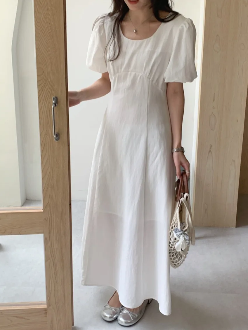 

Summer New Vintage Simple Splicing Pleated Waist-Cinching Long Dr Women's U-ne Bubble-sve Dr Ele Commute Sle