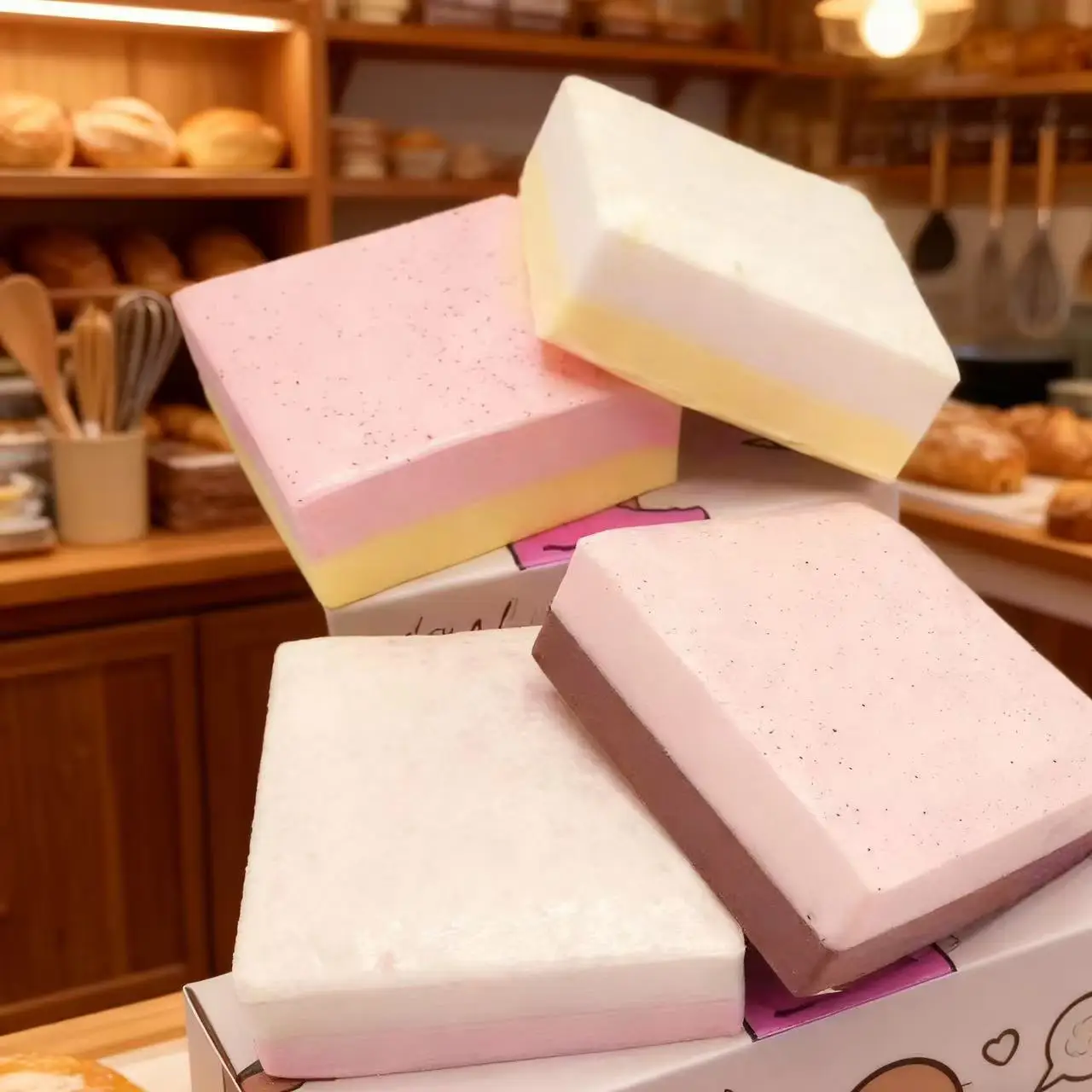 シミュレーションスクエアストロベリートーストスクイーズPUスローリバウンドトイフードプレイスクイッシースティッキーピンチ大人用ストレス解消感覚玩具