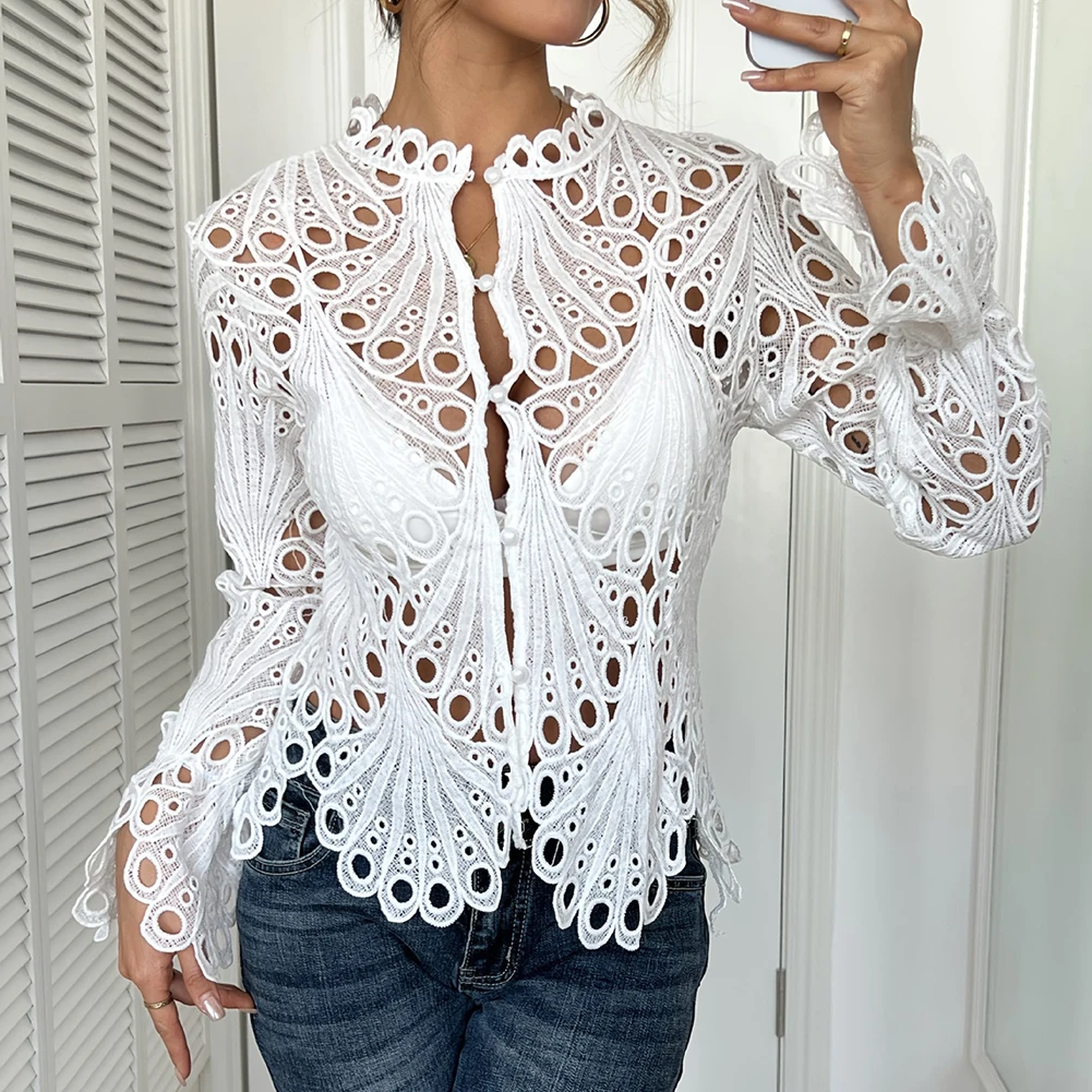 Women Fashion Hollow Lace Stand Collar Bell Sleeve Breathable Knit Blouse Breathable Knitted Lace Shirt With Flared Sleeves