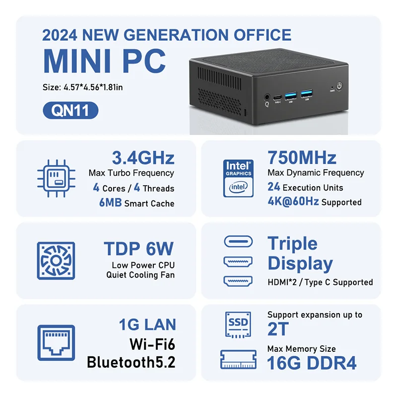 TexHoo Mini PC Intel  N100 Windows 11 Pro  Wifi6 Dual HDMI USB3.2 Supports up to 16GB DDR4 2T NVME SSD Desktop computer