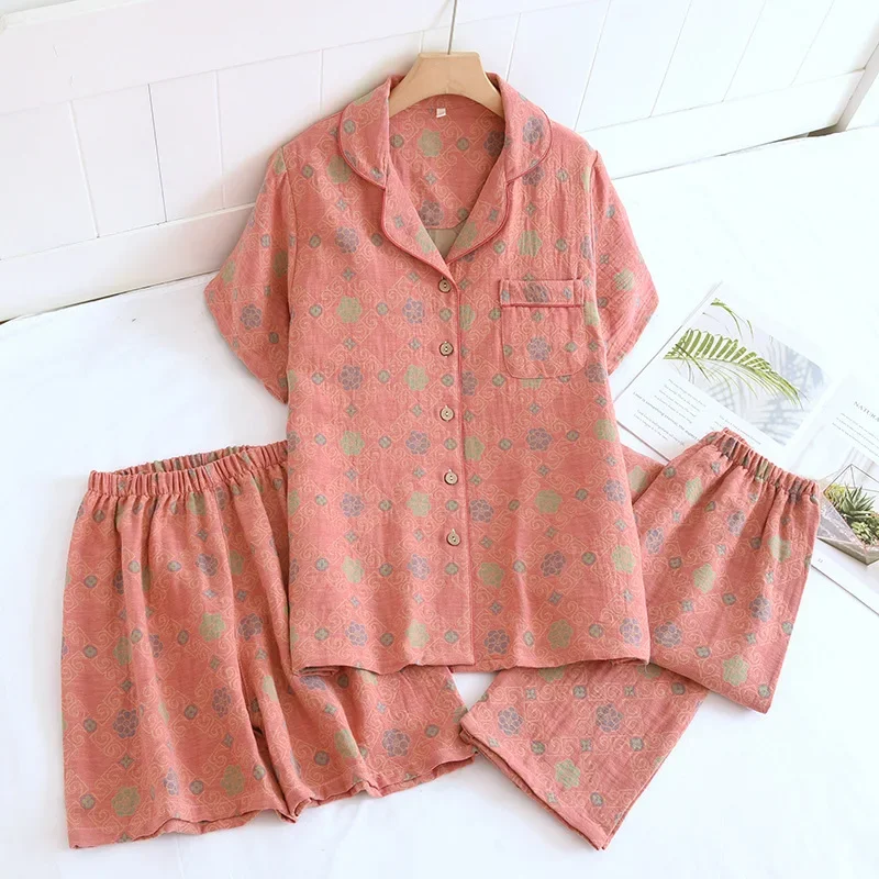 

Cotton Home Suit For Women Nightwear Short Sleeve Sleepwear Cotton New 3 Piece Pajamas Summer Women's Suit Night Wear
