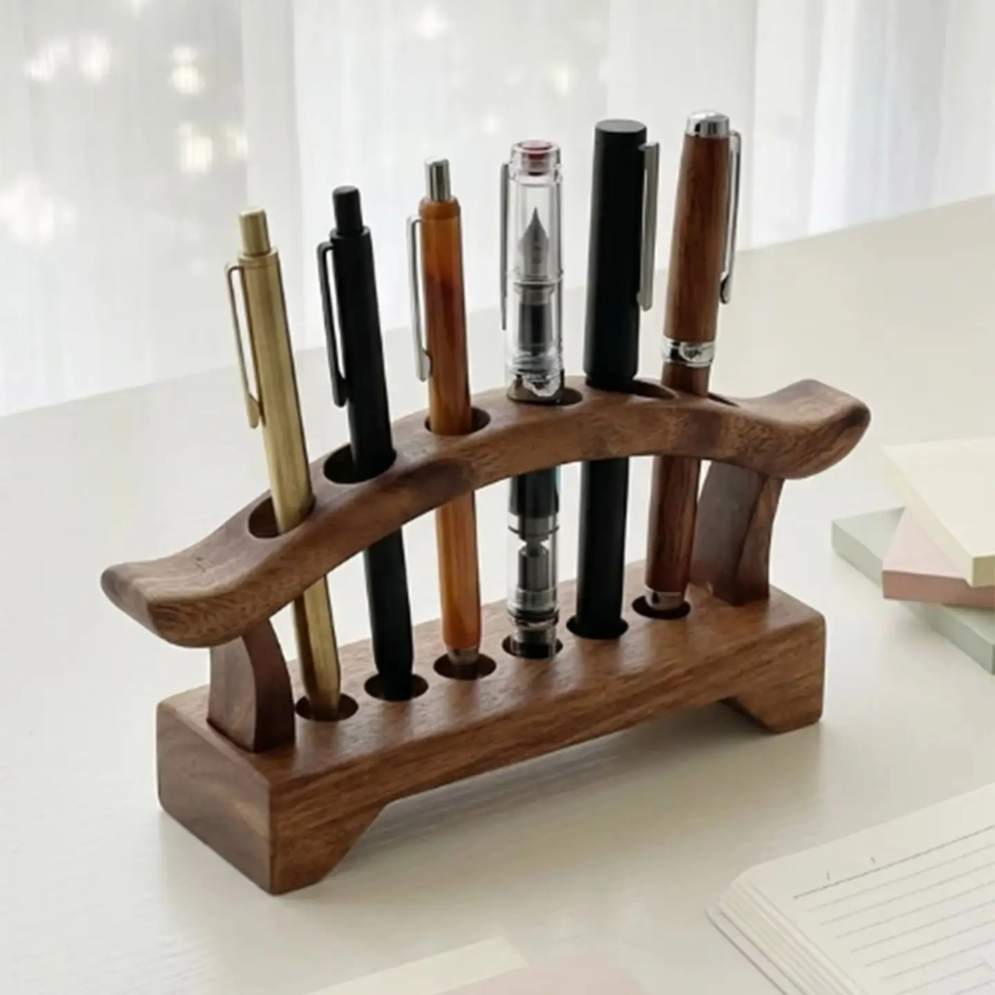 1pc Wooden Pen Holders, Walnut Pencil Holder With 6 Slots, Desk Accessories. Organizes Writing Utensils
