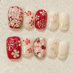 10Pcs Handmade Press on Nails Full Cover Glitter Flowers Retro Red False Nails Classique French Short Ballet Wearable Manicure