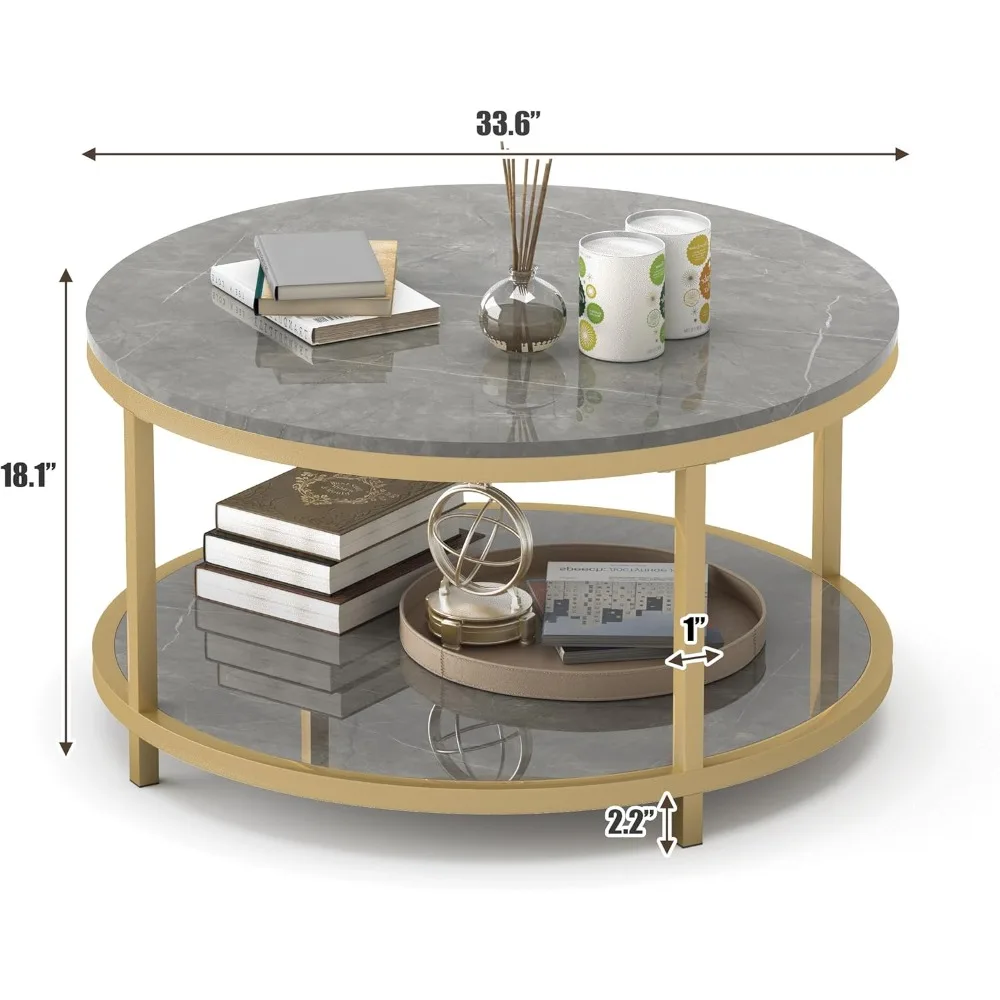 طاولة قهوة دائرية حديثة لغرفة المعيشة - سطح من الرخام الصناعي عالي اللمعان، قاعدة معدنية ذهبية قوية، قطر 33.5
