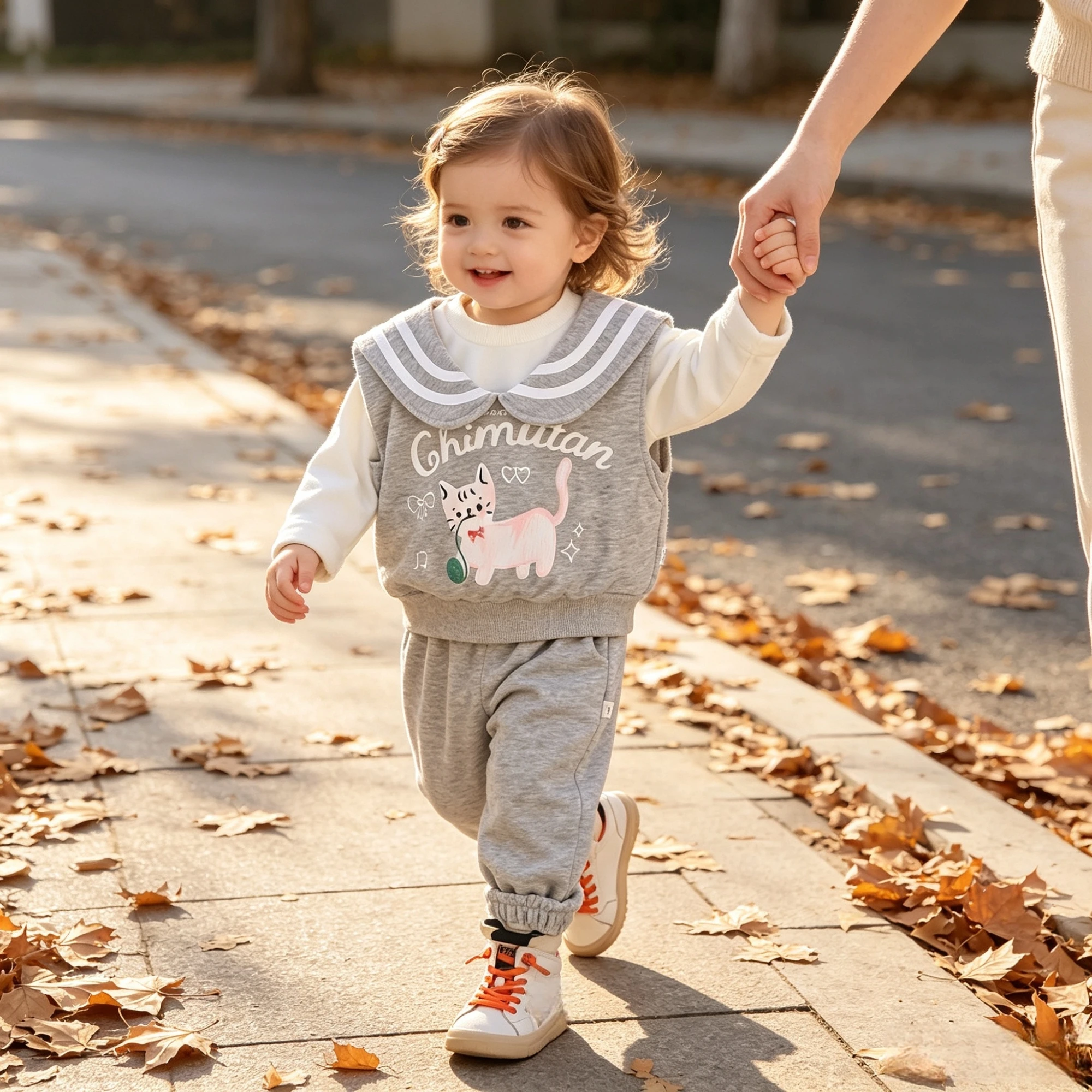 Cute Kitty Print Baby Girl Three-Piece Clothes Sailor Lapel Vest Long Sleeve Tee Loose Sport Pants Toddler Spring Autumn Outfit
