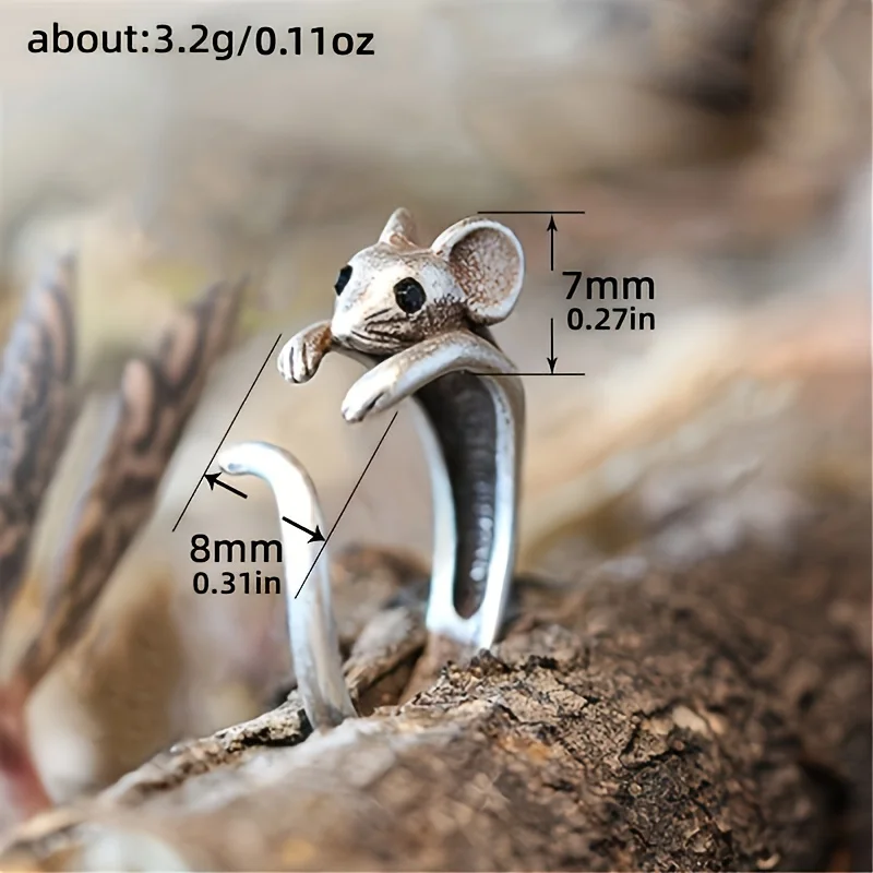 A Stylish Unisex Ring with A Cute And Small Mouse Design, Adjustable in Size,Black Synthetic Zircon​ Ring for Both Men And Women