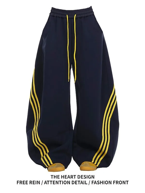 الأمريكية الرجعية المحملة المشارب اللون بلو واسعة الساق سكين السراويل النسائية فضفاضة تنوعا Sweatpants الصيف تصميم الشعور