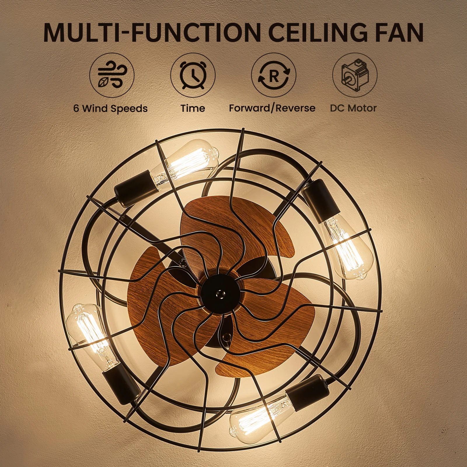 

Vintage Wrought Iron Wall Mounted Ceiling Fan Light with Remote Control Adjustable Wind for Living Rooms Bedrooms Home Decor