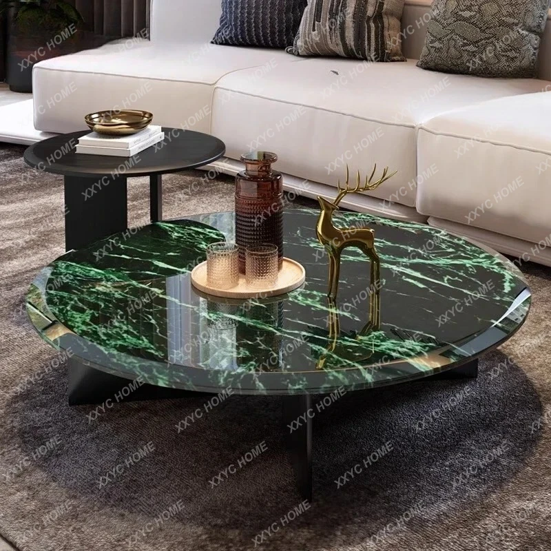 A Imported large flower green marble surface coffee table living room minimalist high-end Italian round luxury stone