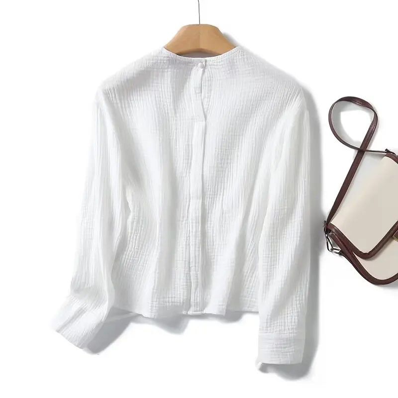 

Withered Spring/Summer 2024 Blouse Women French Elegant White Pure Cotton Shirt Drawstring Waist Wrap Casual Shirt